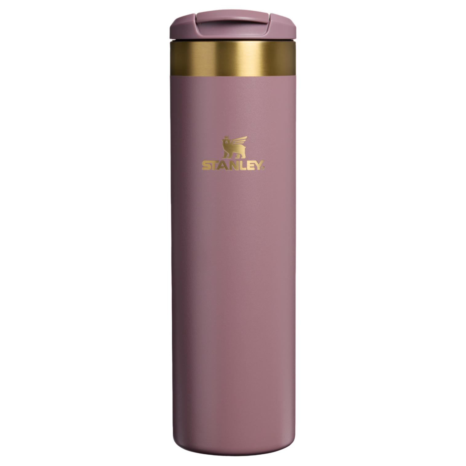 Tall, stainless steel travel mug in rose color with gold accents, featuring a flip-top lid and Stanley logo.