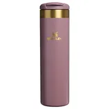 Tall, stainless steel travel mug in rose color with gold accents, featuring a flip-top lid and Stanley logo.