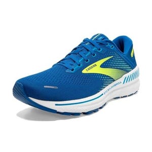 Blue running shoe with mesh upper, yellow and gray accents, and white cushioned sole featuring \“Brooks\“ branding. Designed for stability and support.