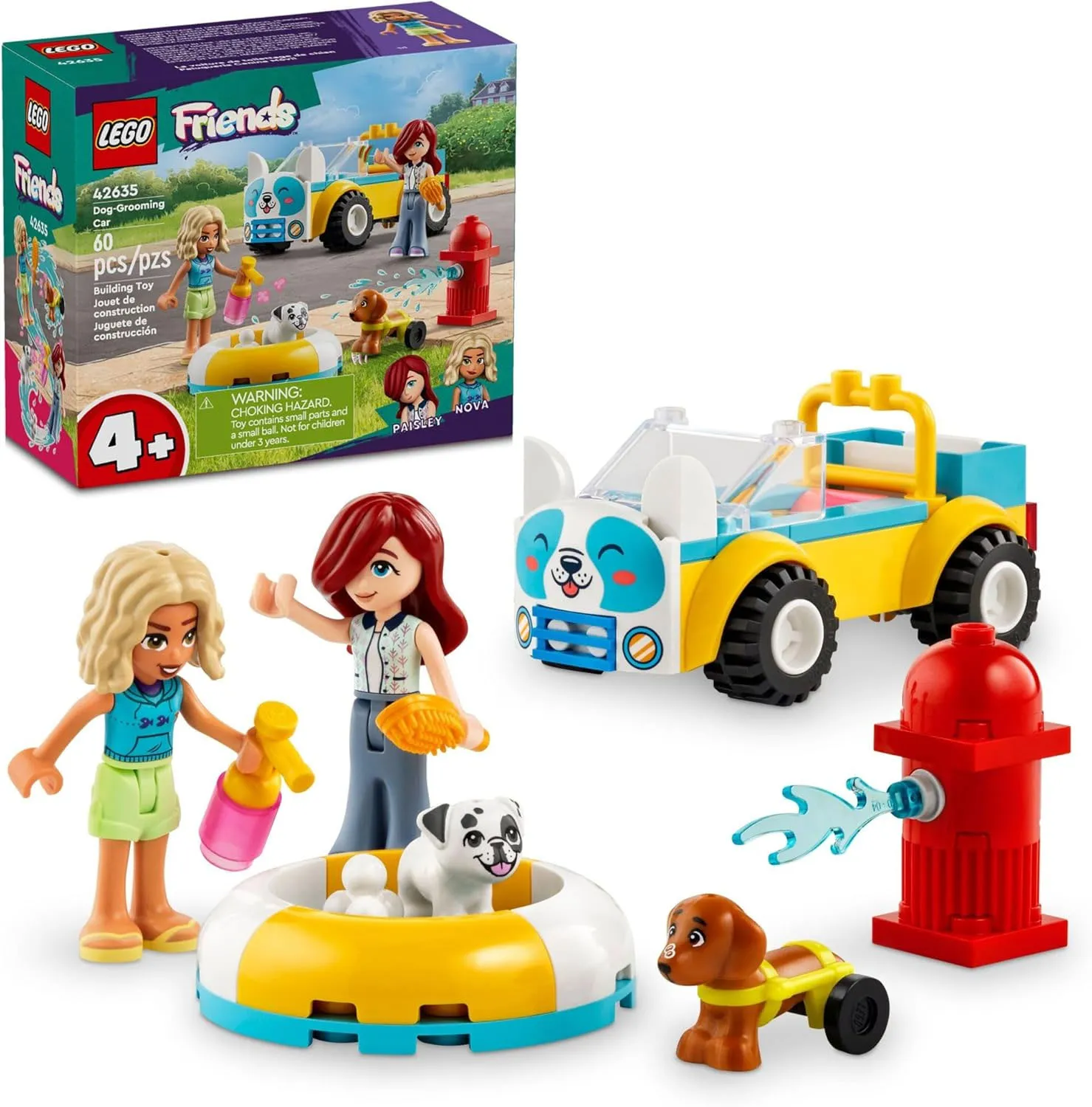 This LEGO Friends set includes a car, two mini-doll figures, a dog figure, a panda in a floatie, grooming accessories, and a fire hydrant.
