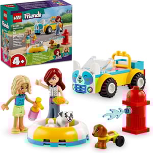 This LEGO Friends set includes a car, two mini-doll figures, a dog figure, a panda in a floatie, grooming accessories, and a fire hydrant.