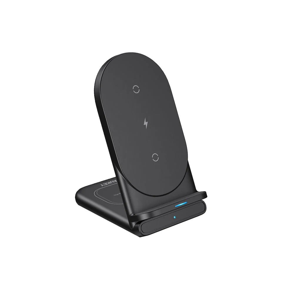 Wireless charging stand with LED indicators, compatible with Qi-enabled devices for vertical or horizontal charging.