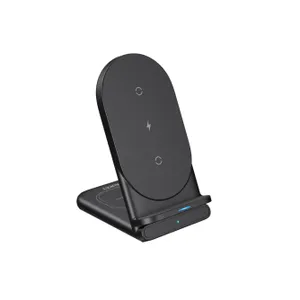 Wireless charging stand with LED indicators, compatible with Qi-enabled devices for vertical or horizontal charging.