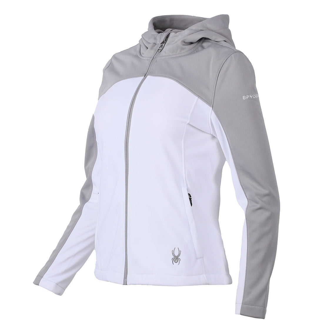 A two-tone hooded jacket with a zip front, the Spyder logo on the upper left sleeve, and a smaller logo on the front.
