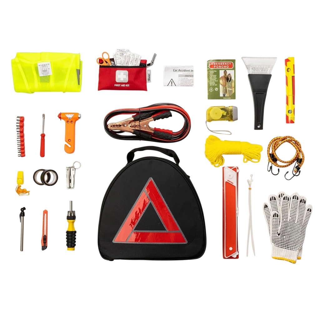 Car emergency kit with a black bag, jumper cables, first aid kit, poncho, ice scraper, tire pressure gauge, multi-tool, gloves, tow rope, bungee cord, warning triangle, flashlight, seatbelt cutter, screwdriver, raincoat, and reflective vest.