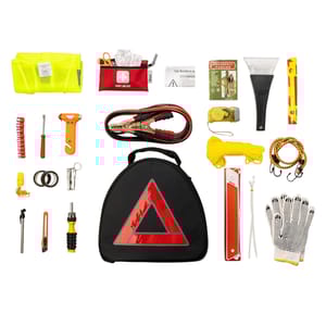 Car emergency kit with a black bag, jumper cables, first aid kit, poncho, ice scraper, tire pressure gauge, multi-tool, gloves, tow rope, bungee cord, warning triangle, flashlight, seatbelt cutter, screwdriver, raincoat, and reflective vest.