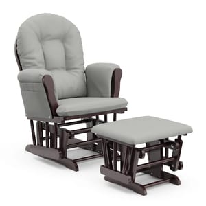 A cozy glider with a plush gray cushion and dark wood frame, paired with a matching ottoman. Both pieces have a smooth gliding mechanism for comfort and relaxation.