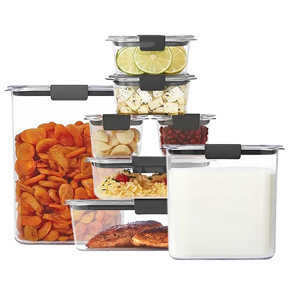 8-piece Rubbermaid Food Storage Set features transparent containers with black locking lids, showcasing various foods like lime slices, cheese cubes, apricots, garlic, pomegranate seeds, rice, meat, and milk.
