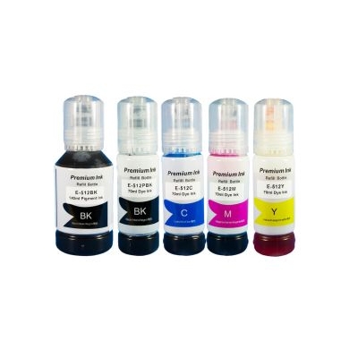 5-pack of Epson 512 Premium Ink Bottles includes black (BK), cyan (C), magenta (M), and yellow (Y) dye inks, designed for refilling compatible Epson printers.