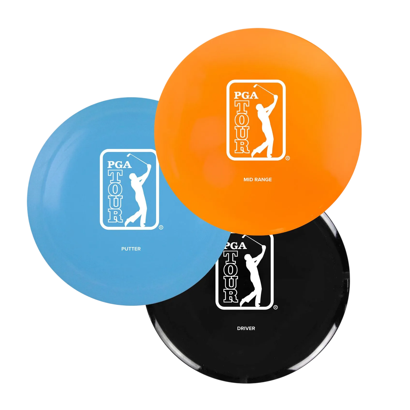 Set of three PGA Tour branded golf discs: blue putter, orange mid-range, and black driver, each featuring a golfer silhouette logo.
