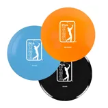 Set of three PGA Tour branded golf discs: blue putter, orange mid-range, and black driver, each featuring a golfer silhouette logo.