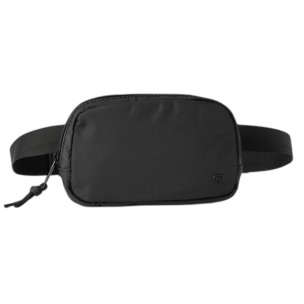 A black waist bag with a zippered compartment, featuring an adjustable strap and a small logo on the front.