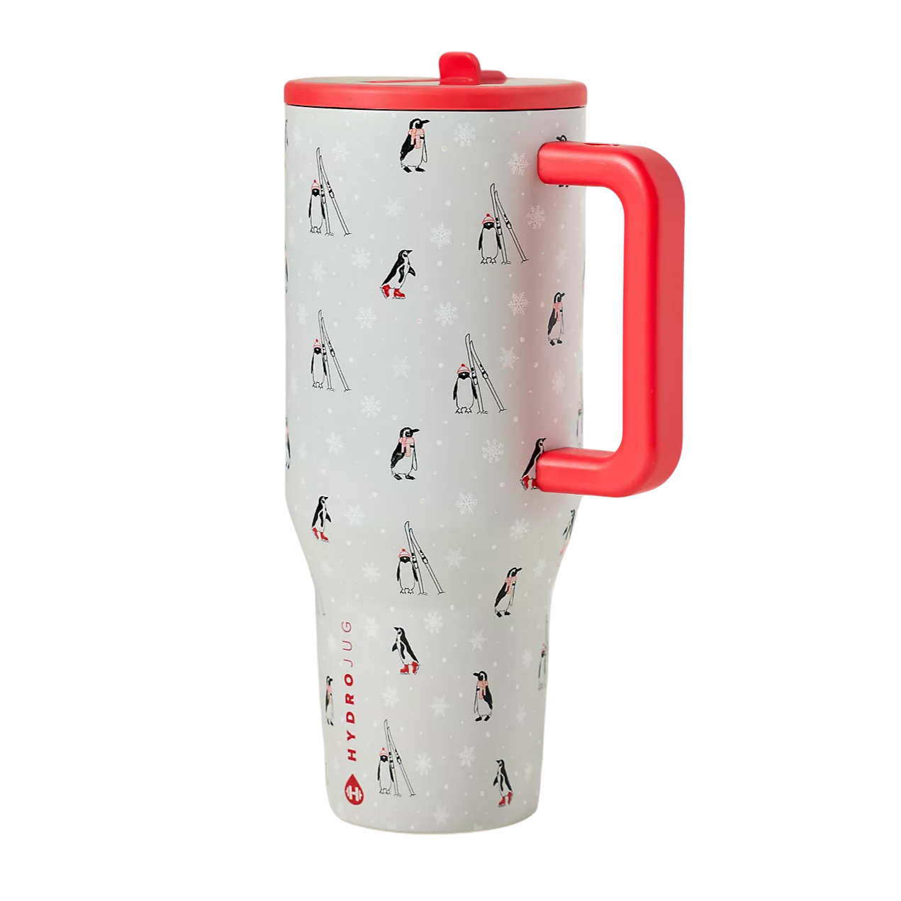 A mug with red accents features a pattern of penguins wearing scarves and hats against a snowy background.