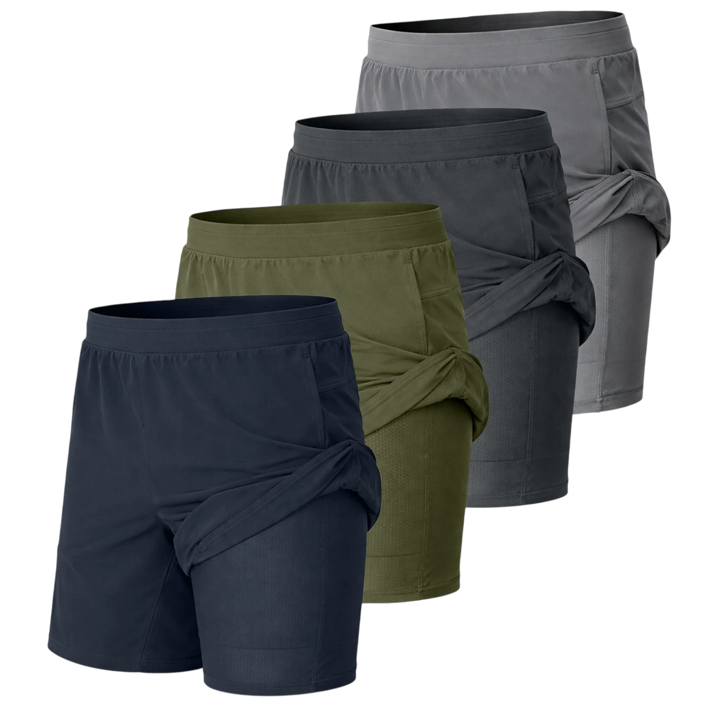 Four pairs of athletic shorts in navy, olive green, dark gray, and light gray, featuring built-in liners.