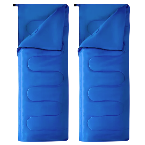 Two blue rectangular sleeping bags with quilted patterns, partially unzipped and laid flat.