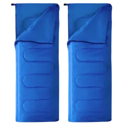 Two blue rectangular sleeping bags with quilted patterns, partially unzipped and laid flat.