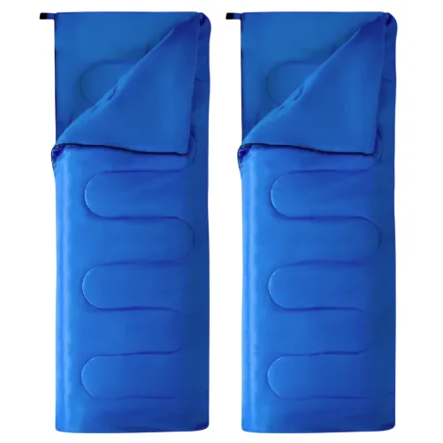 Two blue rectangular sleeping bags with quilted patterns, partially unzipped and laid flat.