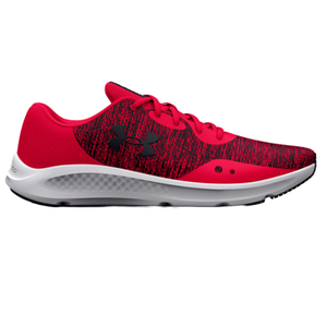 Red and black Under Armour Charged Pursuit shoes feature a knitted upper design, black logo, and cushioned white midsole for comfort and support.
