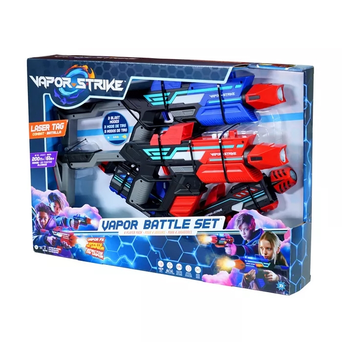Vapor Strike Vapor Battle Set featuring two laser tag guns in blue and red, offering three blast modes, with a range of over 200 feet.