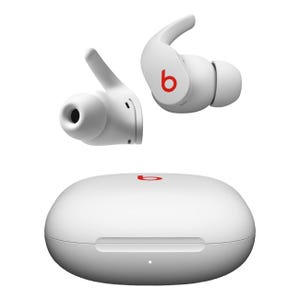 White wireless earbuds with a red \“b\“ logo and a white charging case.