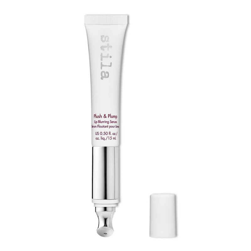 Stila Plush & Plump Lip Blurring Serum, 0.5 oz (15 mL), in a white tube with a metal applicator, is designed to enhance lips by blurring imperfections and providing a plump appearance.