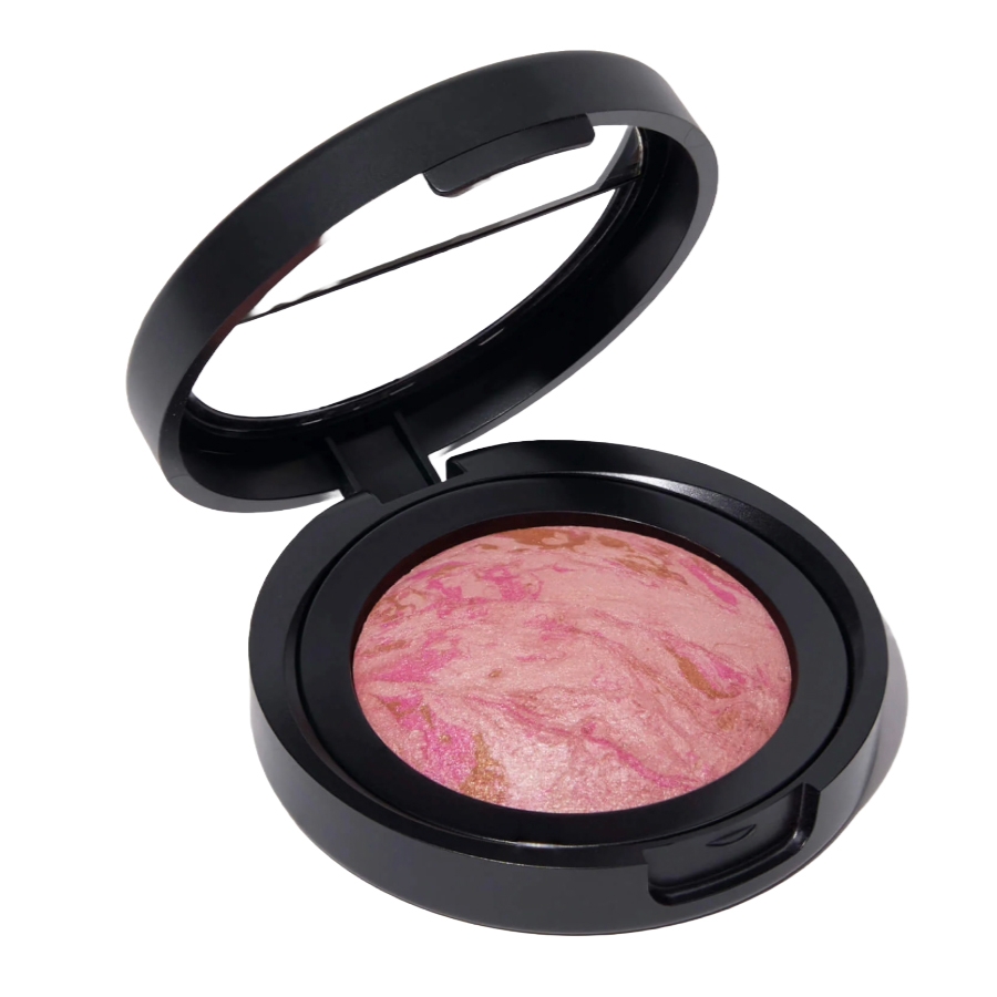 Compact with marbled pink and gold blush.
