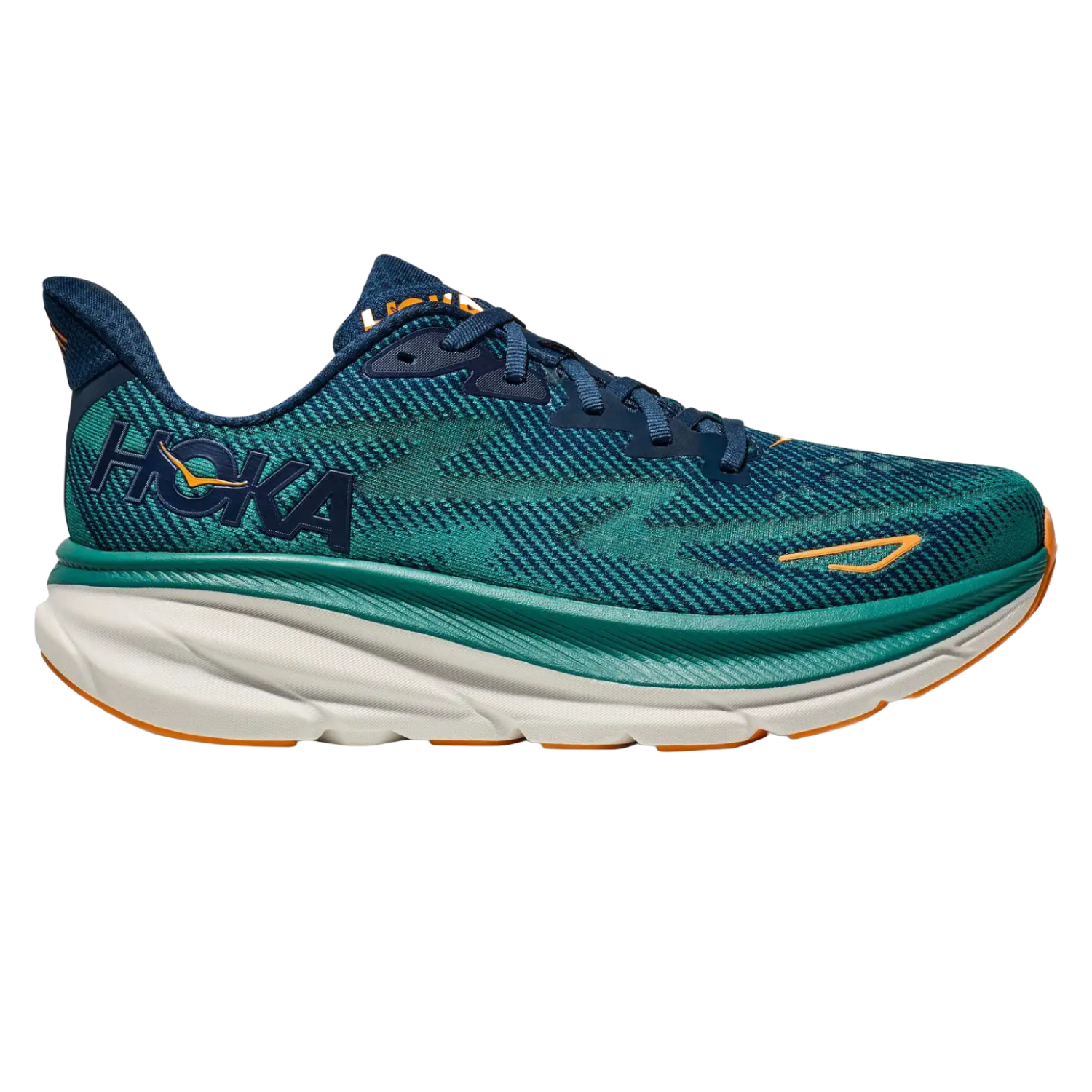 Hoka Clifton 9 Shoes in a teal color with navy and orange accents, featuring a thick cushioned sole for comfort and support, and a lightweight, breathable upper with the Hoka logo on the side.