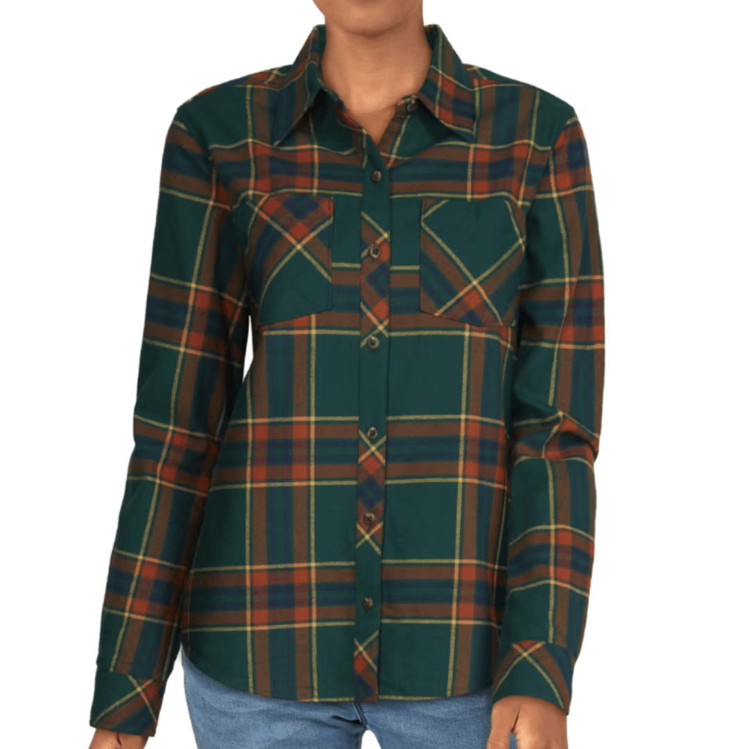 A person wearing a green plaid shirt with frontal pockets.