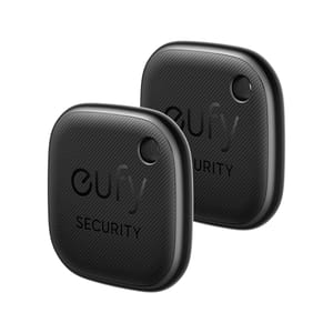 Two black, square Eufy Smart Tracker devices with rounded corners, featuring the \“eufy Security\“ logo and a central button.