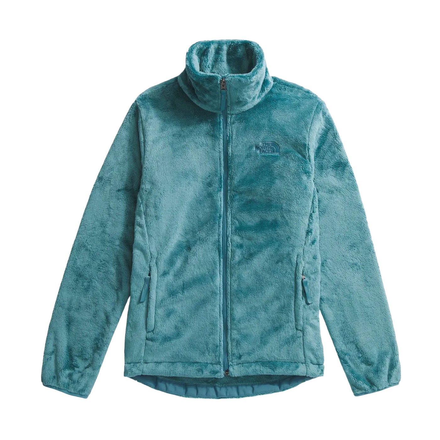 Teal-colored fleece jacket with a full zip, high collar, and zippered pockets. Features a small, subtle logo on the chest.