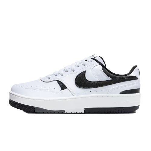 A white and black low-top sneaker with a prominent swoosh logo, featuring a white sole with a black bottom section.