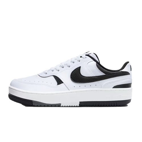 A white and black low-top sneaker with a prominent swoosh logo, featuring a white sole with a black bottom section.