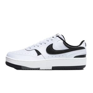 A white and black low-top sneaker with a prominent swoosh logo, featuring a white sole with a black bottom section.