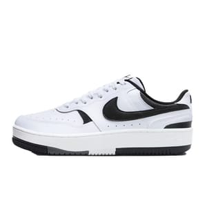 A white and black low-top sneaker with a prominent swoosh logo, featuring a white sole with a black bottom section.