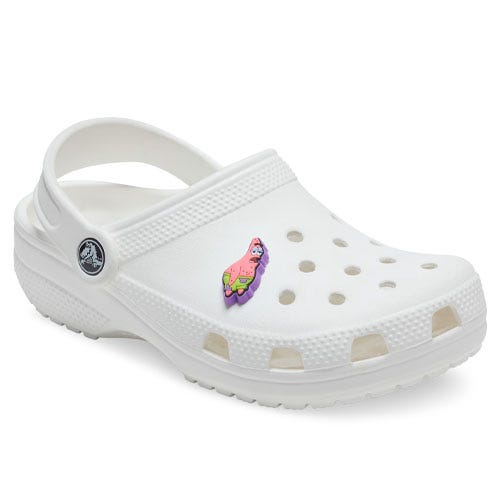 A white Croc clog with a Patrick Star charm