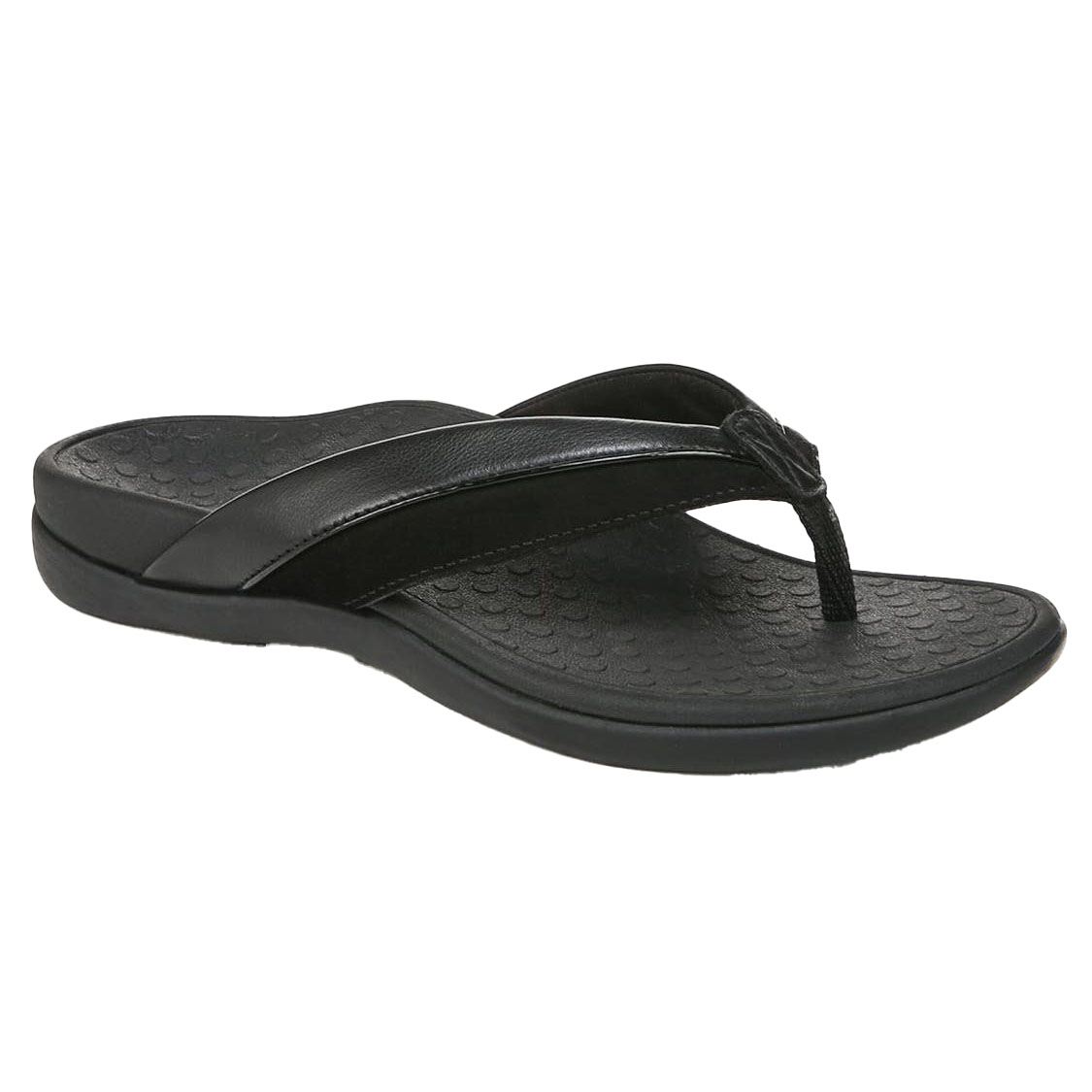 A black flip-flop sandal with a textured sole, featuring a wide strap and toe post design.
