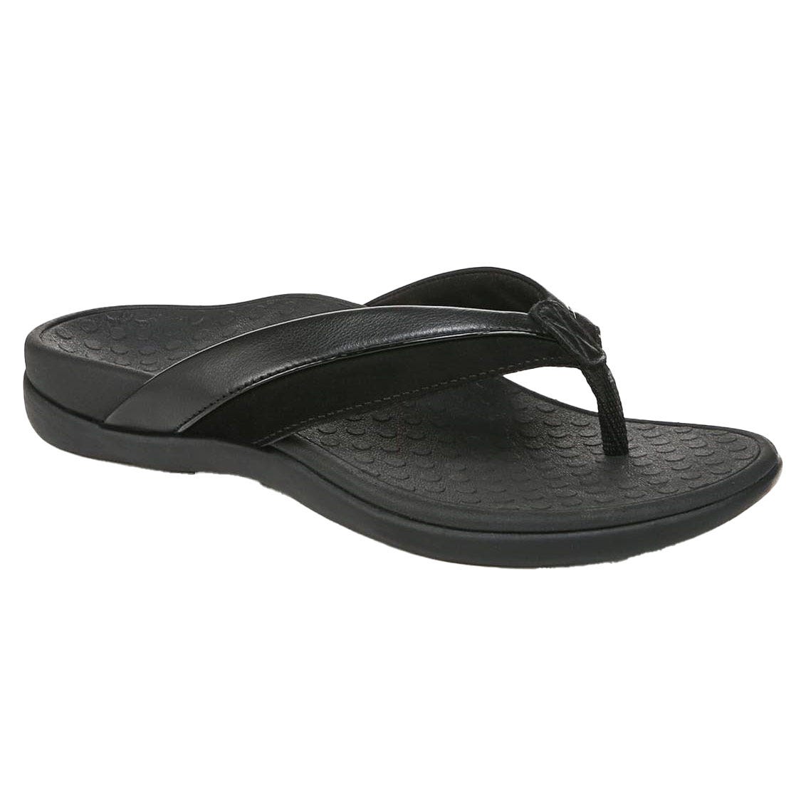 A black flip-flop sandal with a textured sole, featuring a wide strap and toe post design.