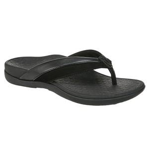 A black flip-flop sandal with a textured sole, featuring a wide strap and toe post design.