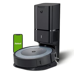Refurbished iRobot Roomba vacuum with an Automatic Dirt Disposal Base and accompanying smartphone app for remote control and monitoring.