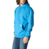 A person is wearing a bright blue Carhartt hoodie with text on the sleeve, blue jeans, and brown work boots.