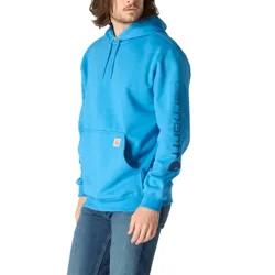 A person is wearing a bright blue Carhartt hoodie with text on the sleeve, blue jeans, and brown work boots.