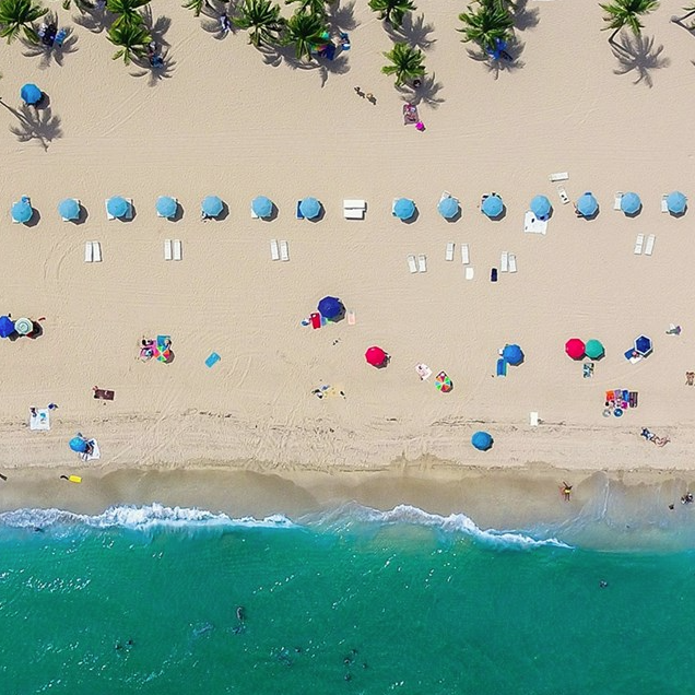 Aerial view of a beach with palm trees, blue umbrellas, sun loungers, and people enjoying the sand and clear turquoise water.