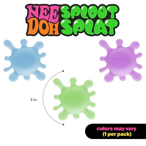 Nee Doh Sploot Splat are splat-shaped toys available in various colors, each approximately 3 inches in size. Colors may vary, and they are sold one per pack.