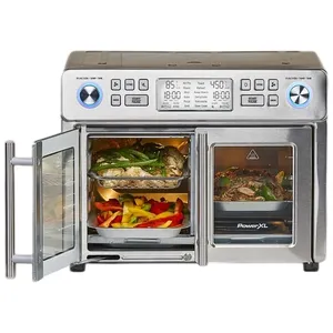 A stainless steel air fryer oven with dual compartments and digital controls is shown, featuring various cooking settings and glass doors displaying food inside.