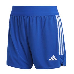 Blue Adidas Tiro shorts featuring a wide elastic waistband, white stripes on the sides, and the Adidas logo near the bottom hem.