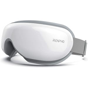 A Renpho Heated Eye Massager is a white and gray device worn over the eyes, designed for relaxation and relief, featuring adjustable straps and likely offers various massage modes and heat settings.