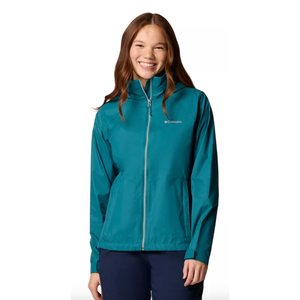 A person wearing a teal Columbia brand jacket with a front zipper and long sleeves.