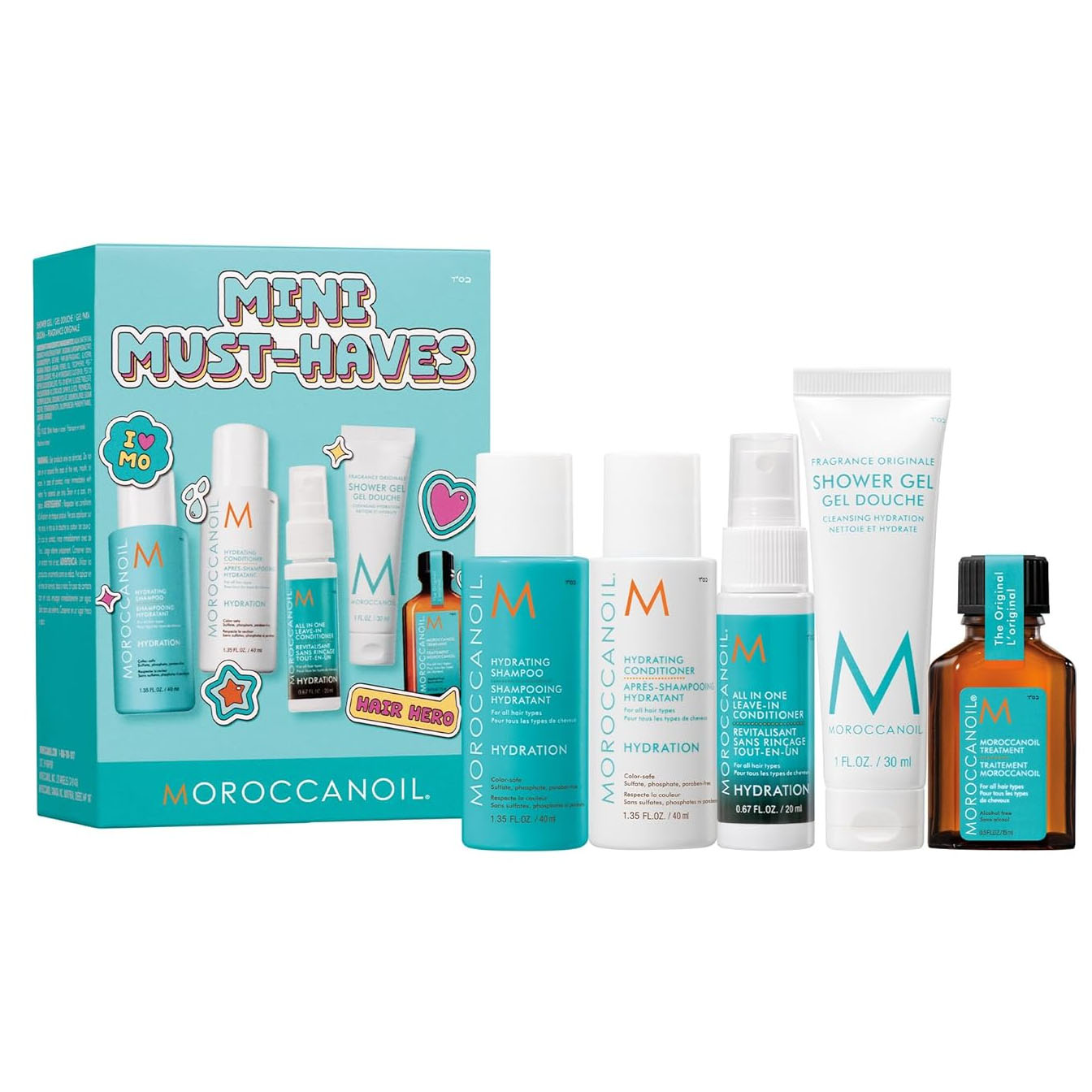 The Moroccan Oil Mini Must-Haves Set includes Hydrating Shampoo, Hydrating Conditioner, All in One Leave-in Conditioner, Fragrance Originale Shower Gel, and a small bottle of Moroccan Oil Treatment.