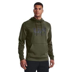 The UA Hunt Logo Hoodie is olive green, featuring a front pocket and a drawstring hood. It has a graphic design with the text \“UA HUNT\“ on the chest.
