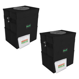 Two black compost bins with a square design, featuring a vented top and side handles. Each bin includes a pack of 20 liners.